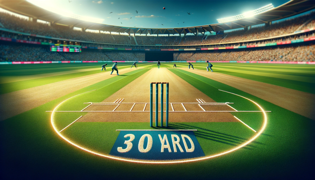 view of a cricket field with the 30-yard circle during a Power Play in an ODI match